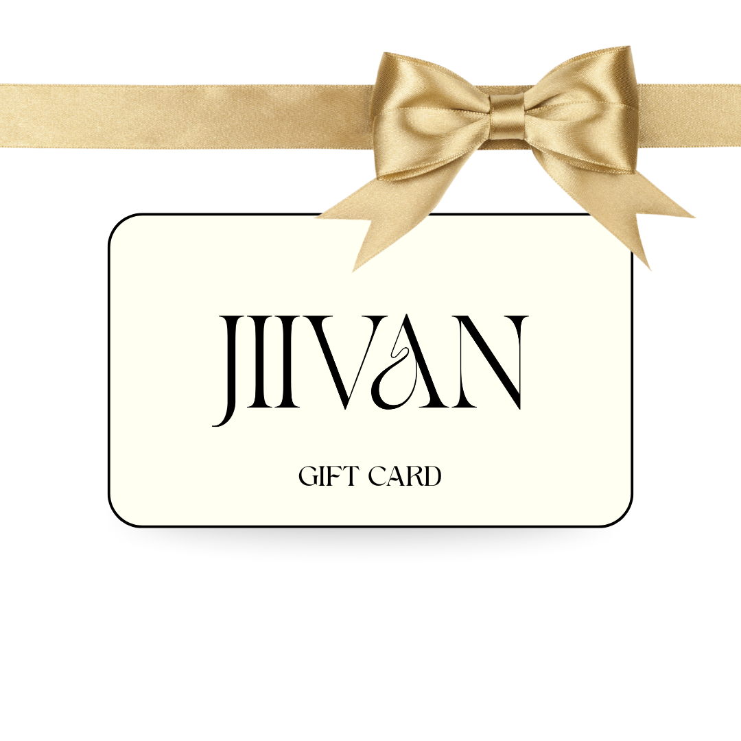 Gift card with 'JIIVAN' branding and a gold bow on a white background