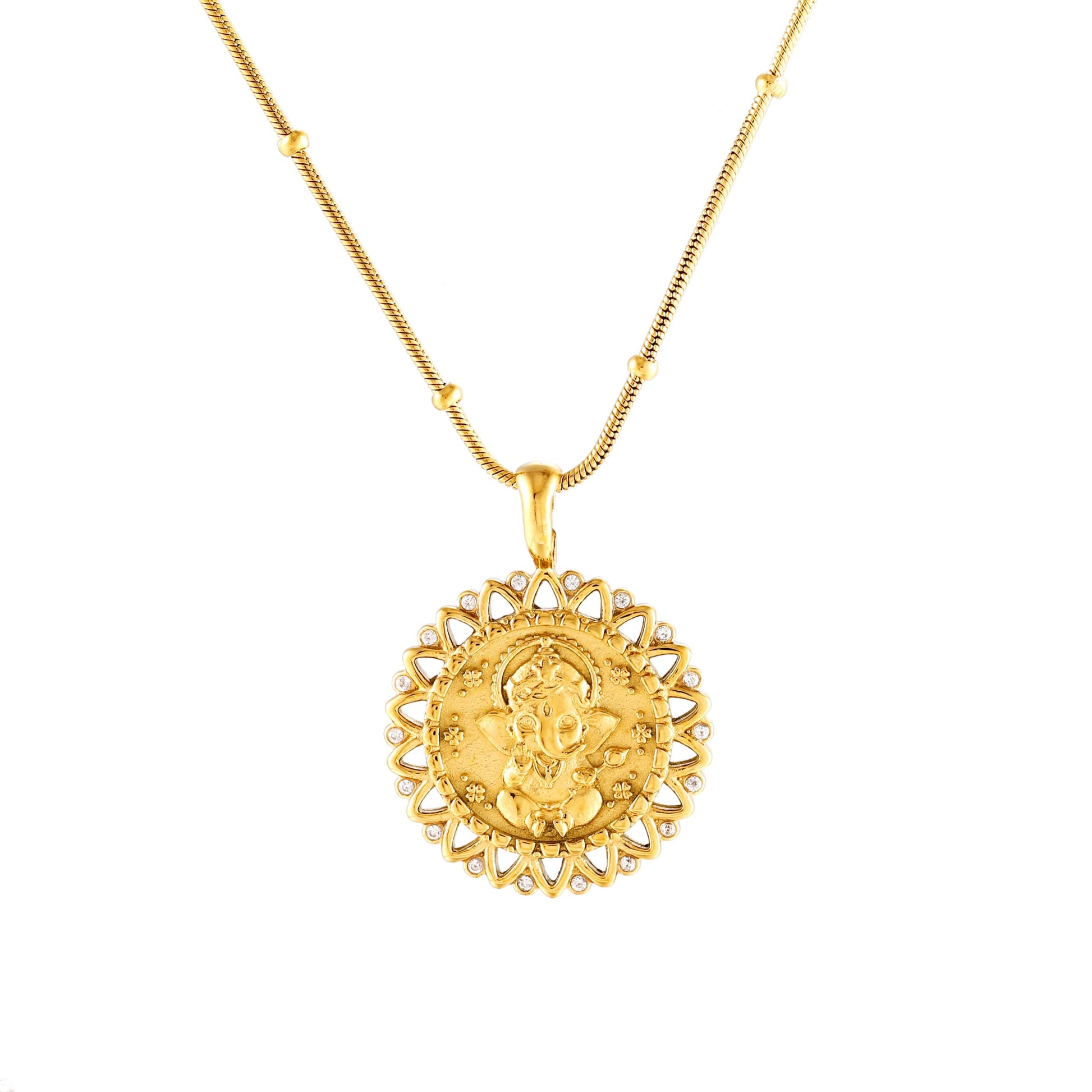 A gold-plated stainless steel necklace featuring a detailed pendant with the remover of obstacles, Ganesha, adorned with zircon stones.