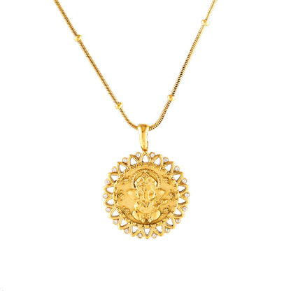 A gold-plated stainless steel necklace featuring a detailed pendant with the remover of obstacles, Ganesha, adorned with zircon stones.