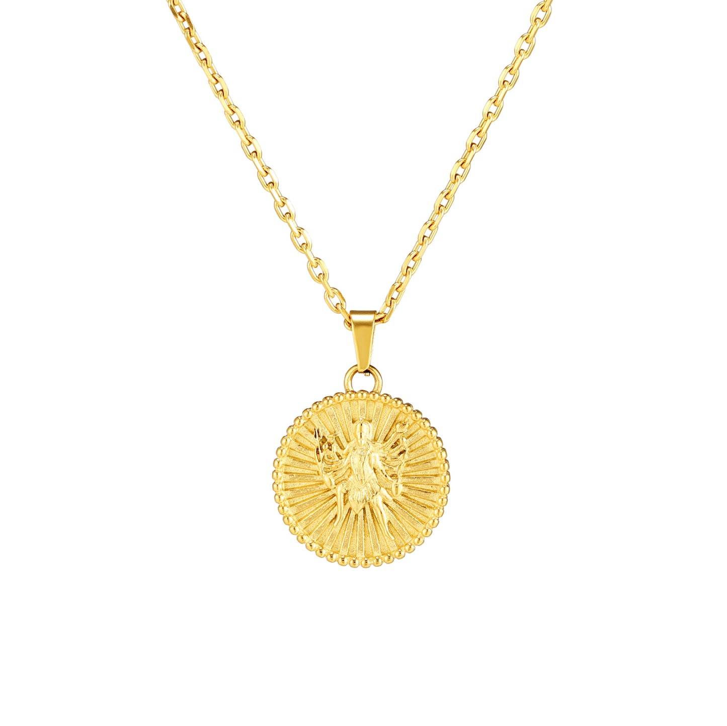 A gold-plated stainless steel necklace with an intricate pendant depicting the goddess Kali.