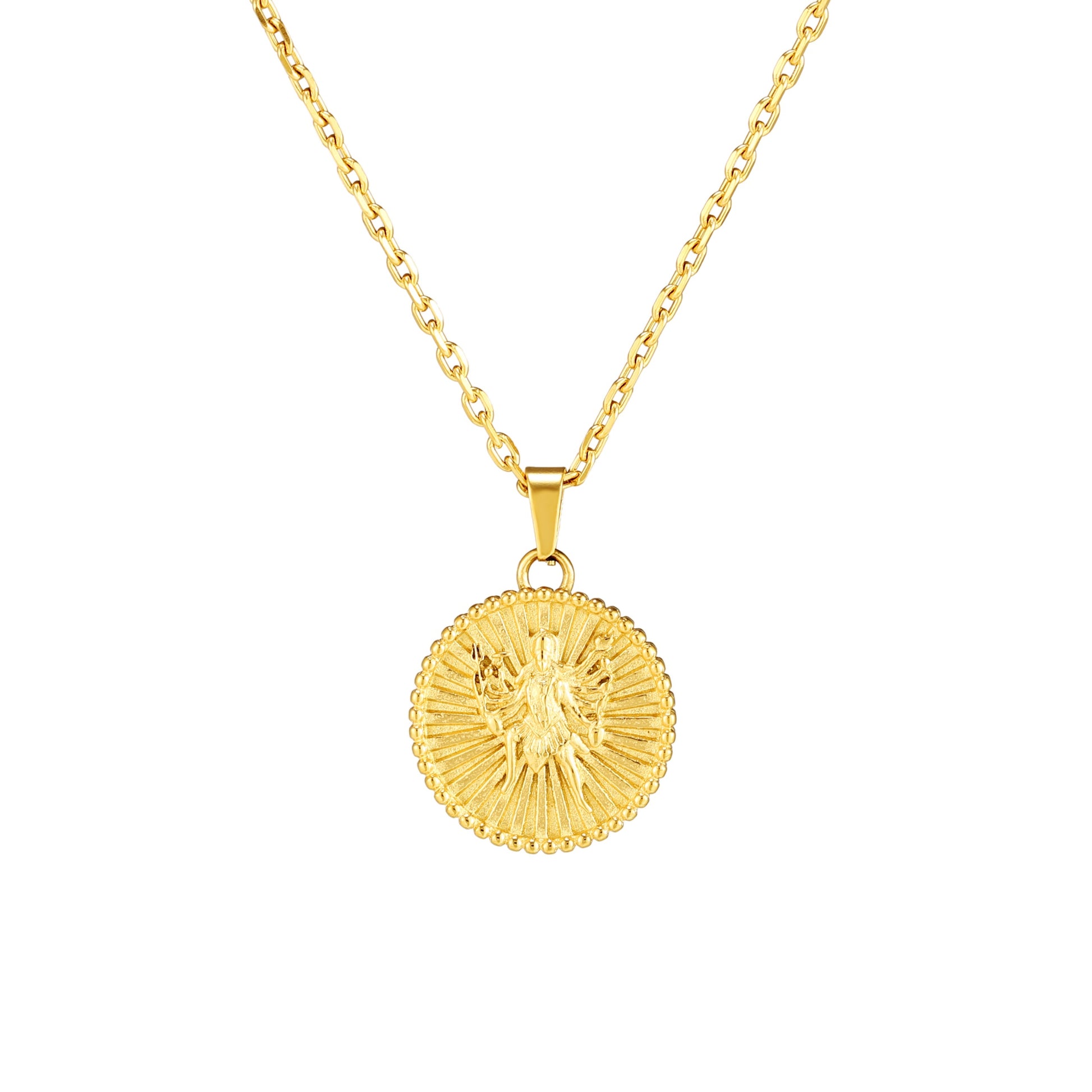 A gold-plated stainless steel necklace with an intricate pendant depicting the goddess Kali.