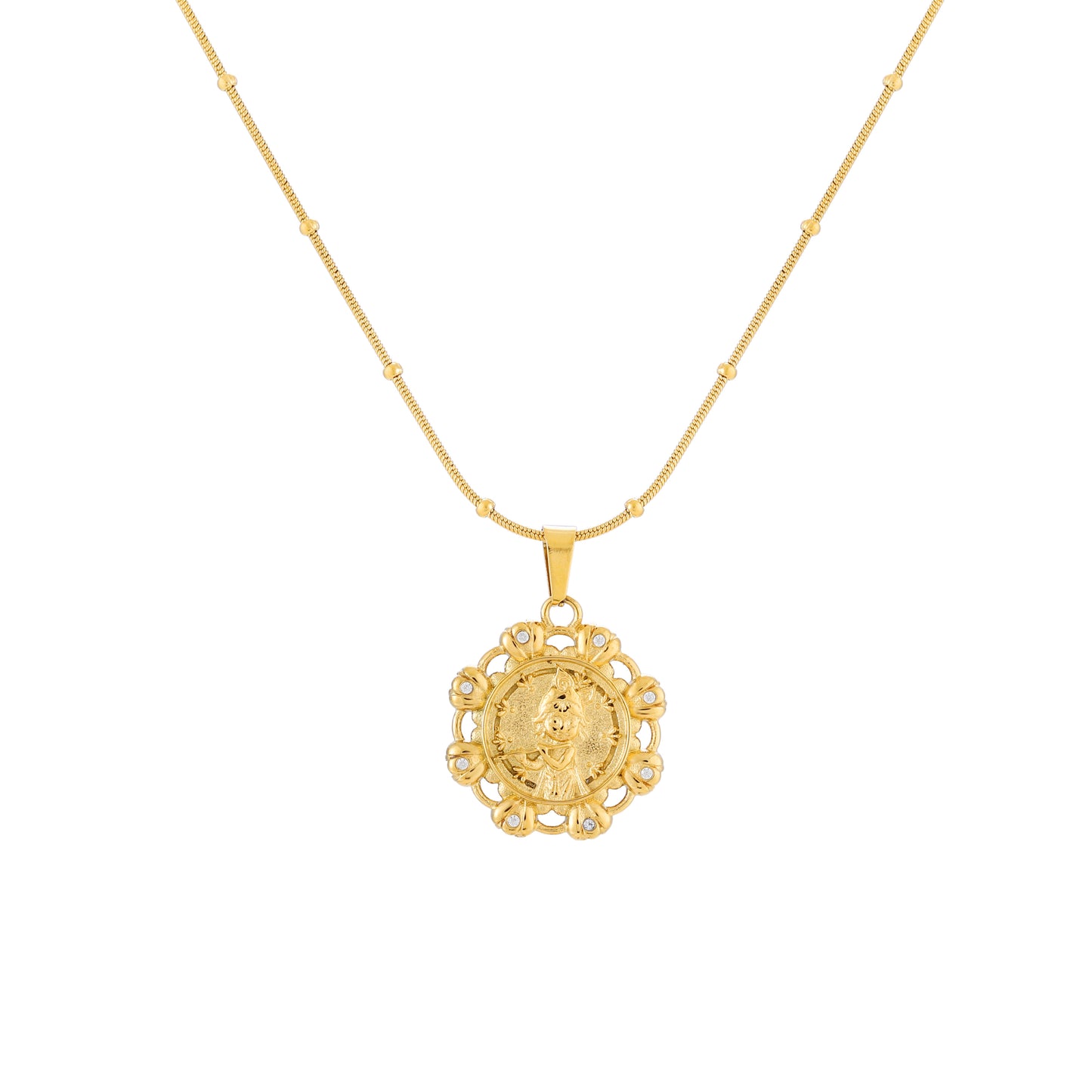 Gold krishna necklace with a round pendant on a white background