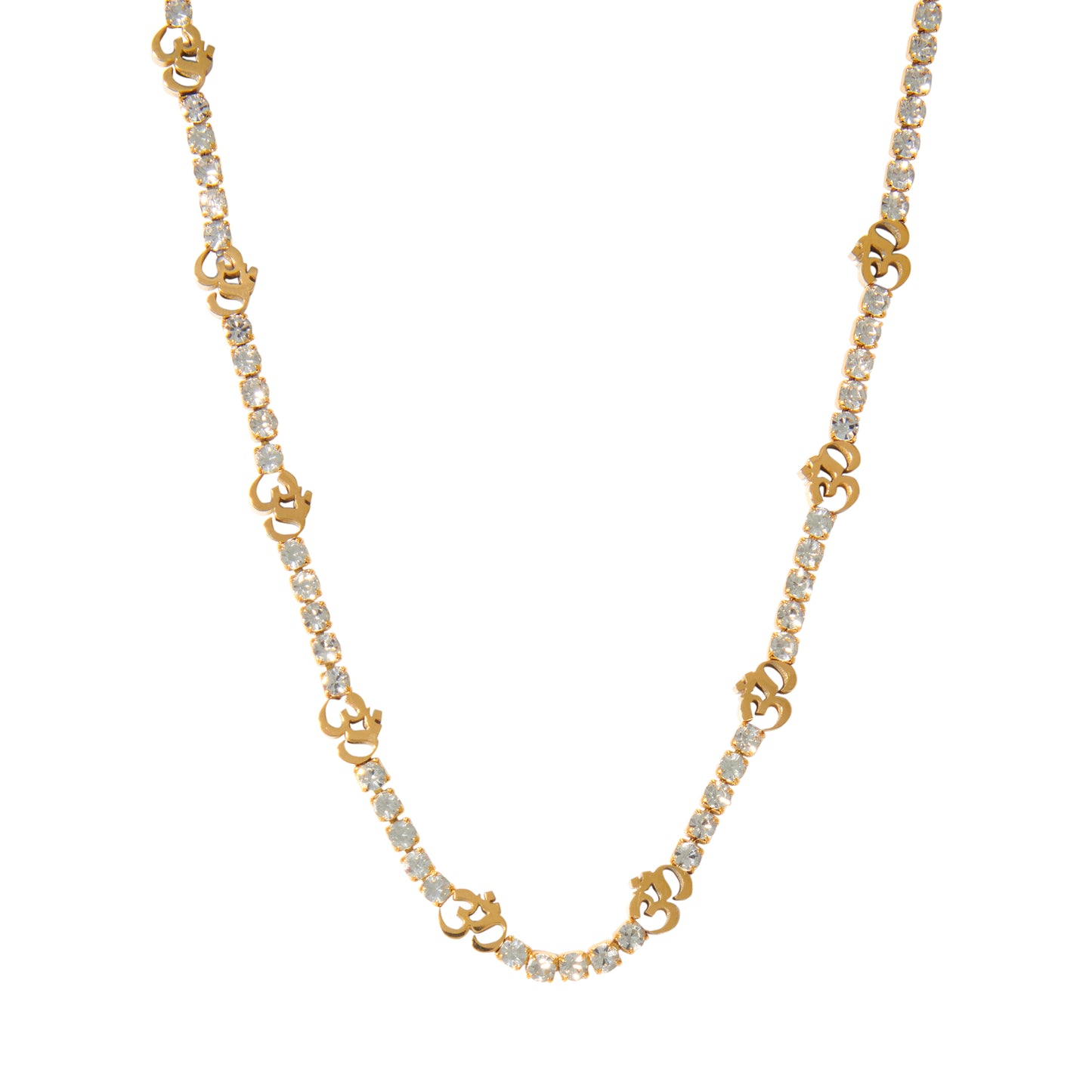 A gold-colored tennis necklace with zircon stones and an Om symbol in the center.
