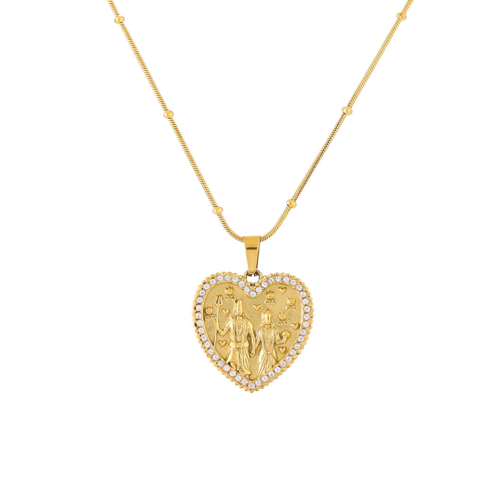 Gold heart-shaped pendant necklace on a white background