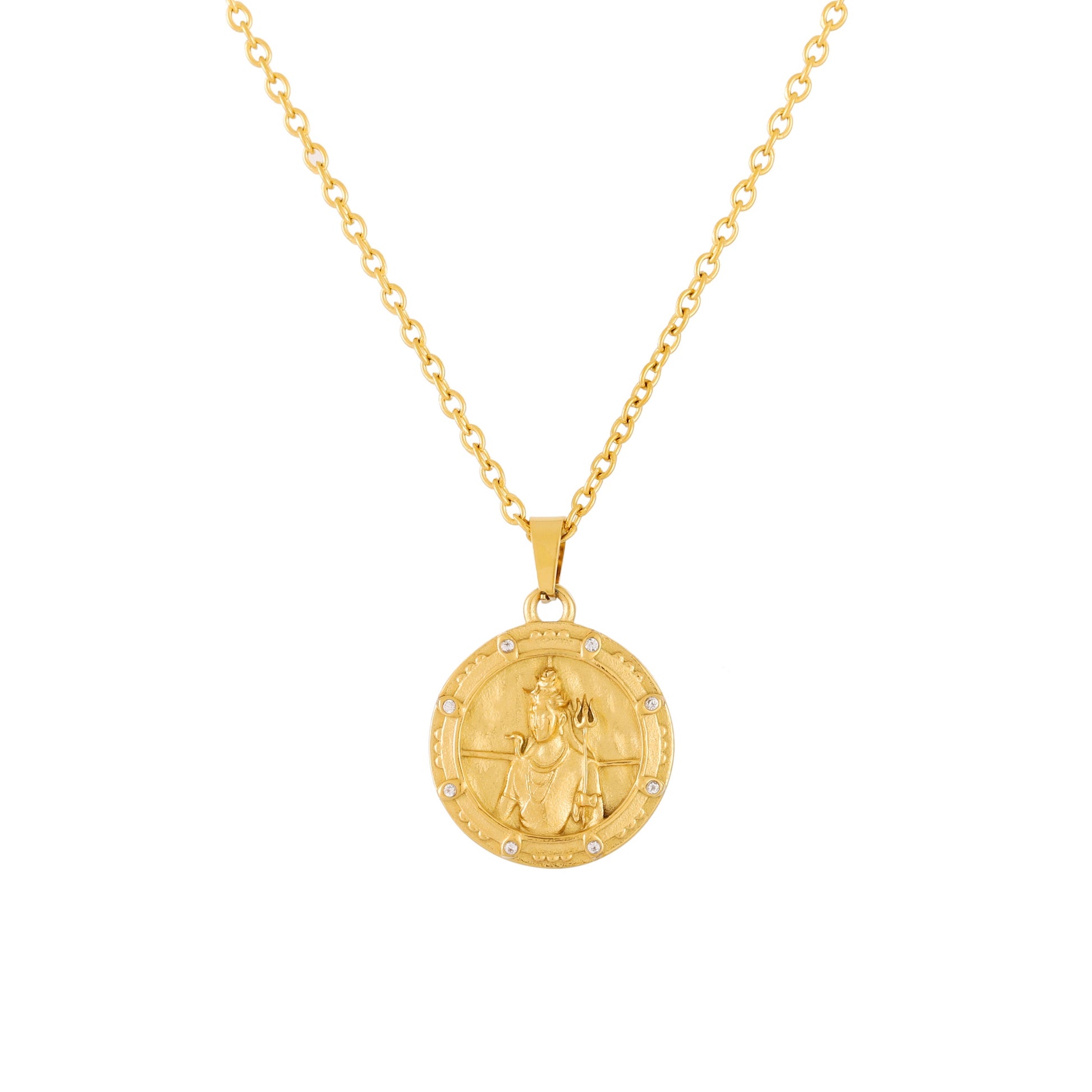 Gold shiva necklace with a round pendant on a white background