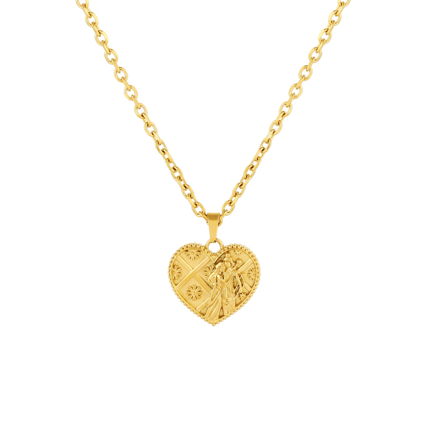 A gold-plated stainless steel necklace with a heart-shaped pendant featuring an embossed design of Lord Ram and Goddess Sita.