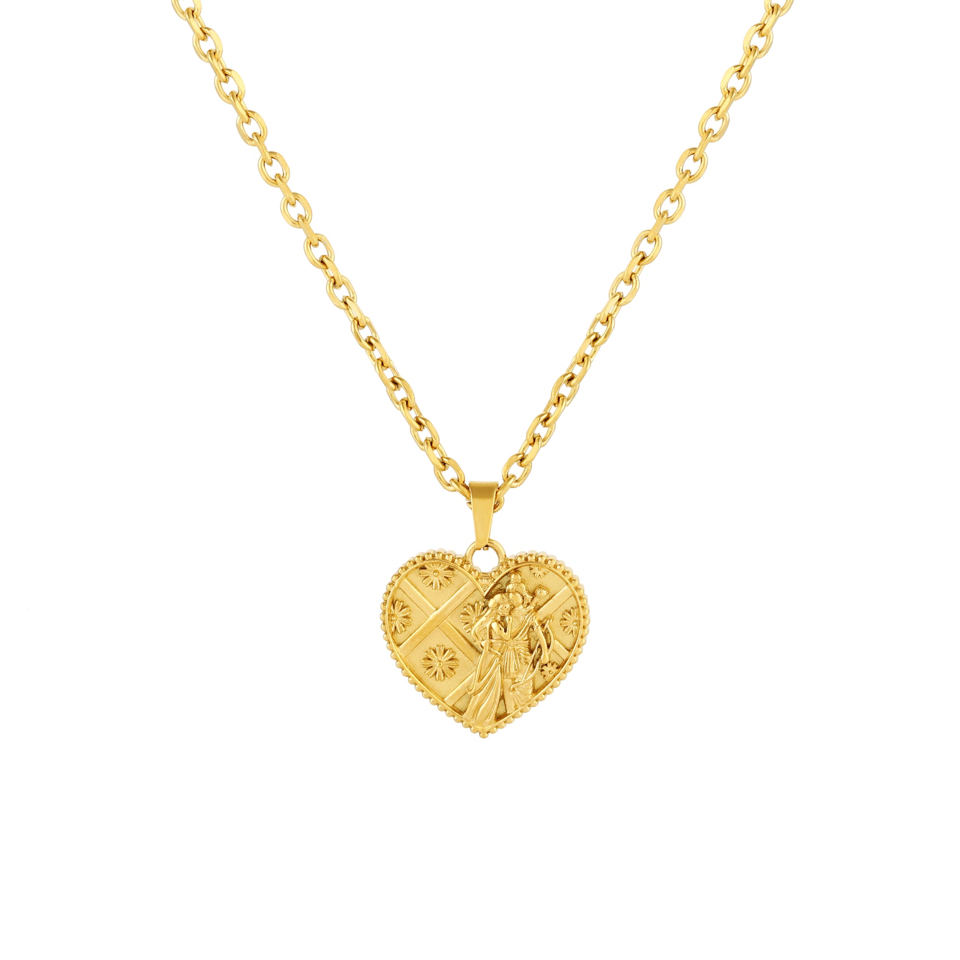A gold-plated stainless steel necklace with a heart-shaped pendant featuring an embossed design of Lord Ram and Goddess Sita.