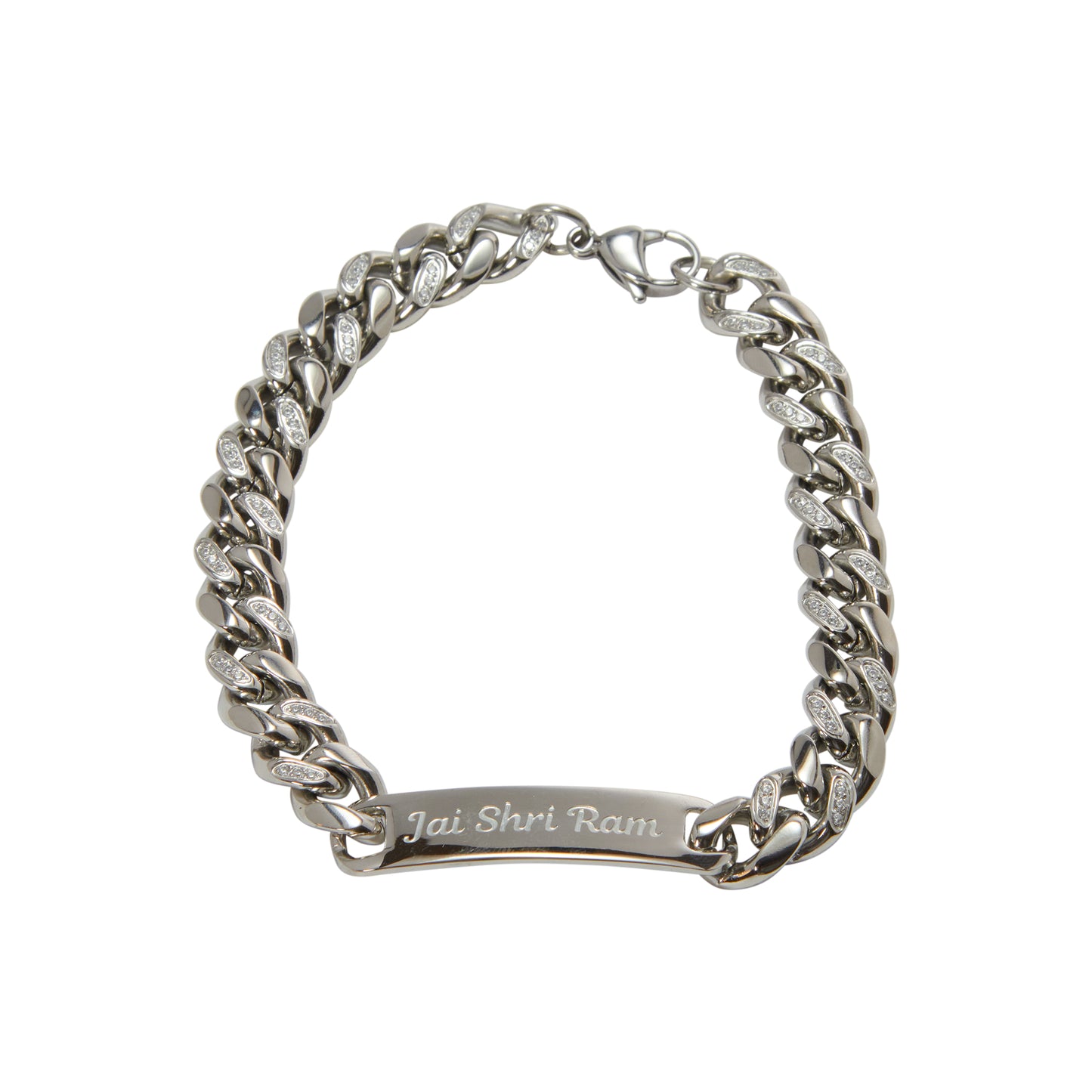 A stainless steel bracelet with a chain link design, featuring a tag with the text 'Jai Shri Ram' in contrasting lettering.