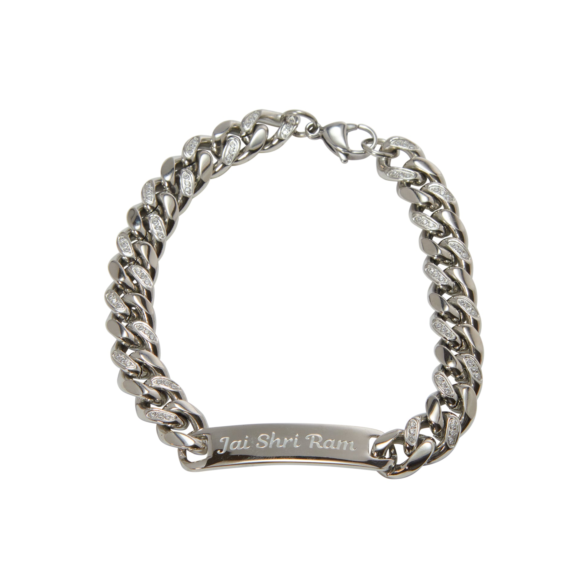A stainless steel bracelet with a chain link design, featuring a tag with the text 'Jai Shri Ram' in contrasting lettering.