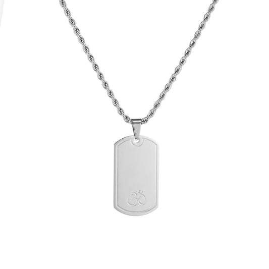 A Men's Silver Om Tag Necklace with a rope chain and a silver tag with the 'Om' symbol engraved on it.
