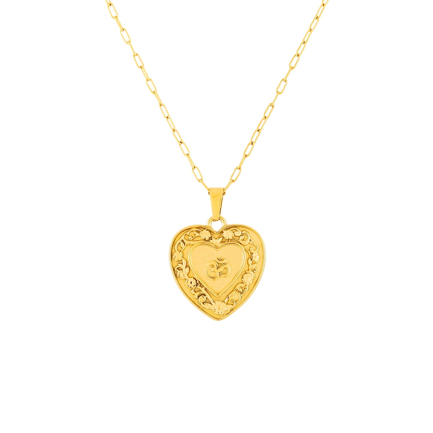 Gold heart-shaped om pendant necklace on a white background