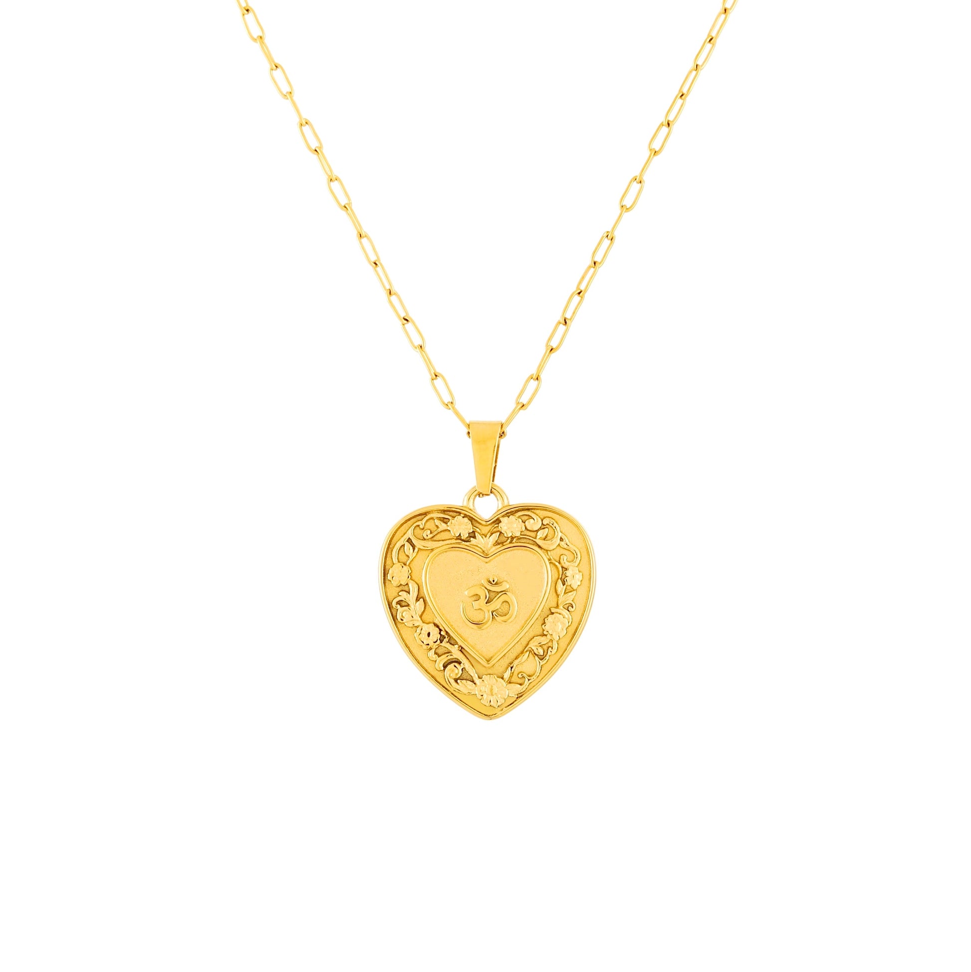 Gold heart-shaped om pendant necklace on a white background