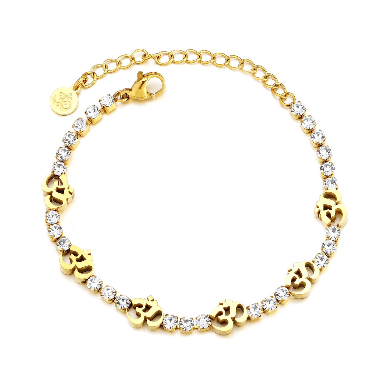 A gold-colored tennis bracelet with om symbol designs and encrusted with zircon stones, displayed against a white background.