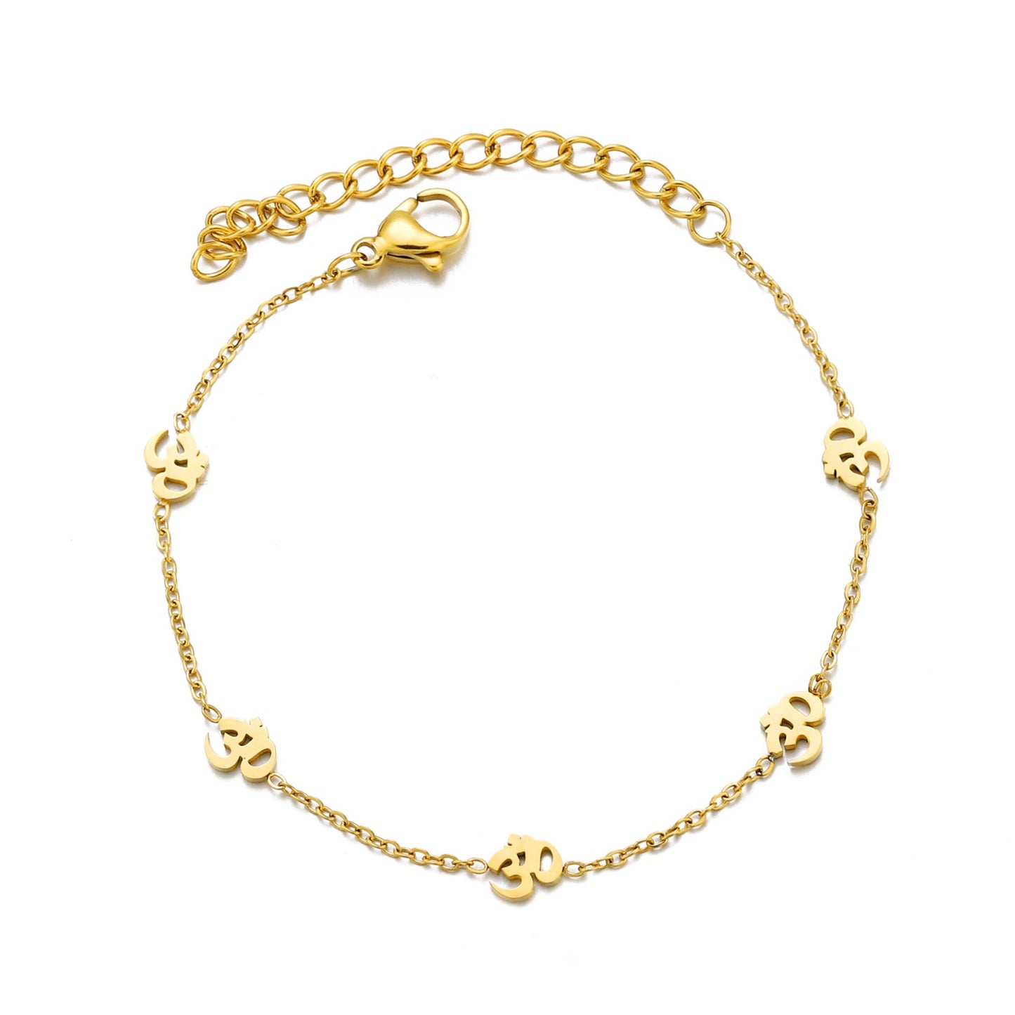 Gold bracelet with small chain links on a white background