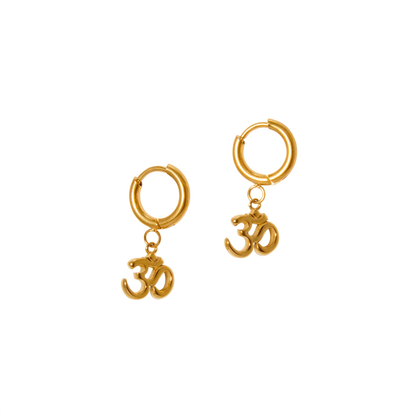 A pair of gold-plated hoop earrings with the Om symbol dangling from the hoops.