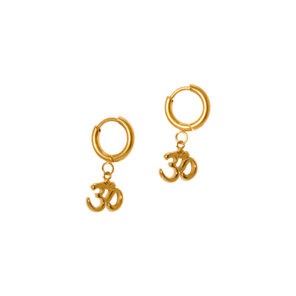 A pair of gold-plated hoop earrings with the Om symbol dangling from the hoops.