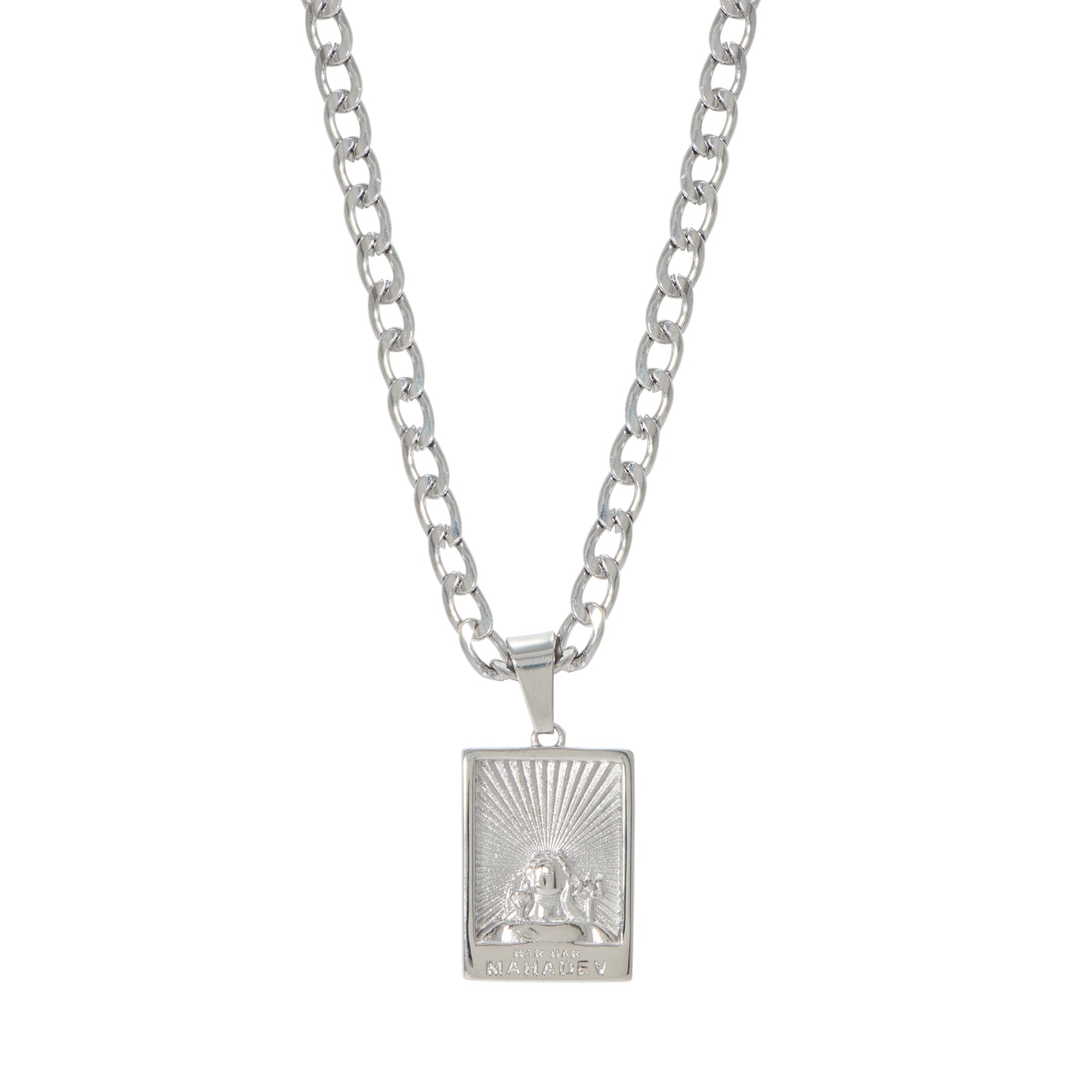 A silver-colored stainless steel necklace featuring a rectangular pendant with an image of Lord Shiva, surrounded by inscriptions and symbols.