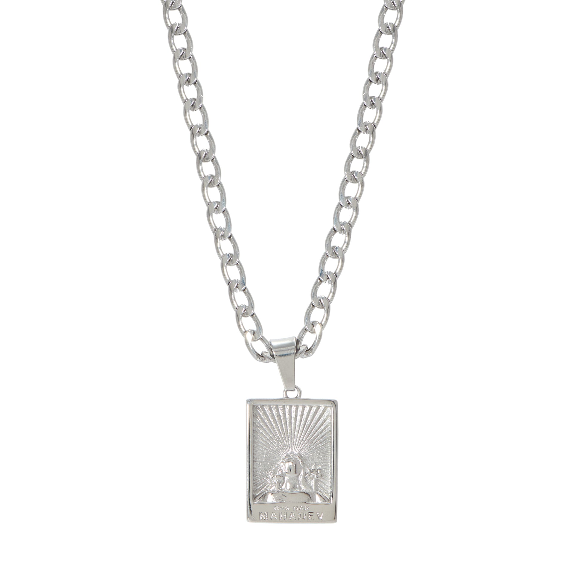A silver-colored stainless steel necklace featuring a rectangular pendant with an image of Lord Shiva, surrounded by inscriptions and symbols.
