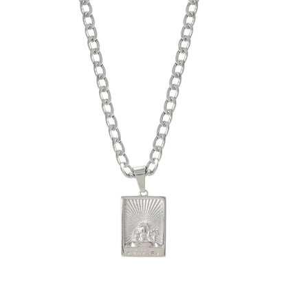 A silver-colored stainless steel necklace featuring a rectangular pendant with an image of Lord Shiva, surrounded by inscriptions and symbols.
